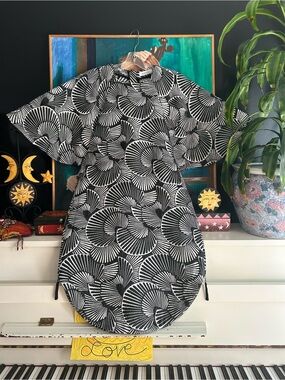 Rodebjer XS Black White Graphic Print Midi Dress Statement Sleeve Scandinavian